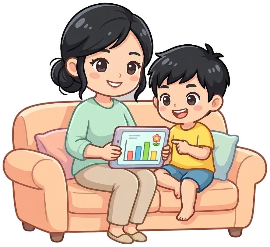 Mẹ và bé cùng xem báo cáo học tập trên máy tính bảng