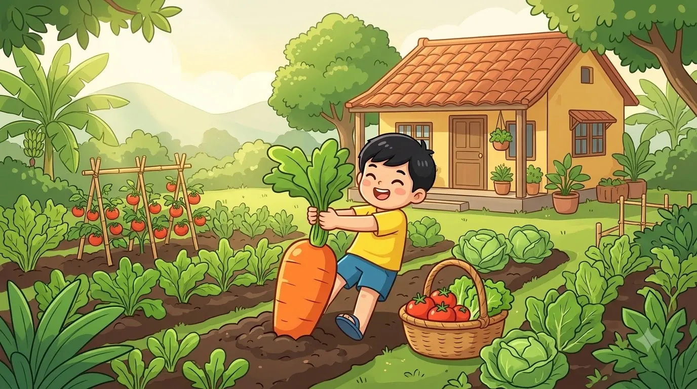 Bé trai nhổ củ cà rốt khổng lồ trong vườn rau