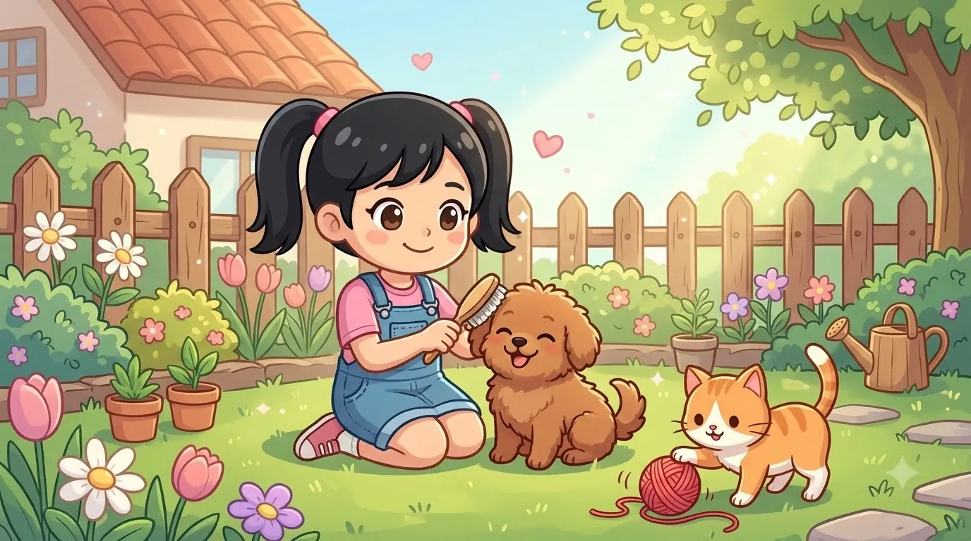 Bé gái chải lông cho cún, mèo con chơi cuộn len